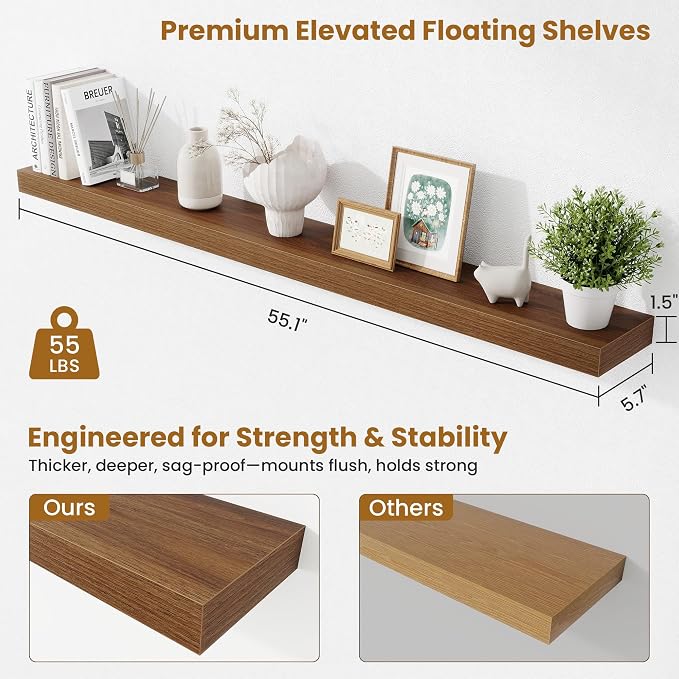 Fun Memories 55 Inch Floating Shelves Bedroom, Large Extra Floating Shelf Set of 2 with Invisible Brackets, Walnut