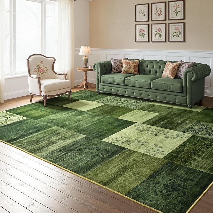 Tepook 4x6 Green Area Rugs for Living Room, Modern Large Geometric Rug for Bedroom, Washable Patchwork Rug Indoor Non Slip Throw Carpets for Dining Room Office Farmhouse Home Decor