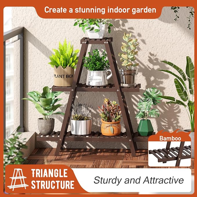 GHWIE Plant Stand Indoor Plant Shelf Outdoor bamboo Plant Rack, 3 Tiers Ladder Plant Holder Flower Stand for Living Room Balcony Garden Patio,Living Room Boho Home Decor for Gardening Gifts (Brown)