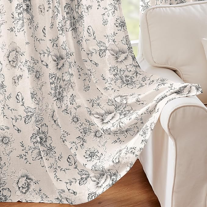 jinchan Linen Blend Curtain Floral Curtains for Living Room 108 Inch Length Black Printed Curtain Rod Pocket Back Tab Farmhouse Peony Flower Patterned Drapes Bedroom Window Curtains Set 2 Panels