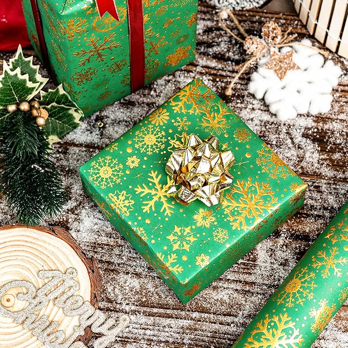 Flyhill Kraft Christmas Green Wrapping Paper,Gold Luxury Snowflake Metallic Gold Embossed Foil Gift Wrap Roll Design for Holiday, Party,Celebration, New Year (17 Inch X 32.8 Feet)