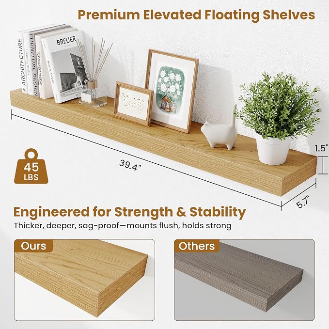 Fun Memories 40 Inch Floating Shelves, Long Wood Wall Shelf Set of 2 with Invisible Brackets, for Bathroom, Living Room, Bedroom, Kitchen, Oak