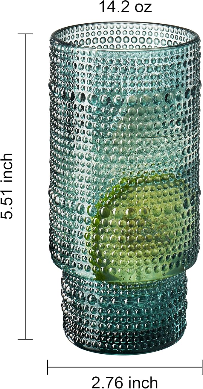 Khen Colored Vintage Art Deco Glasses - Martini, Margarita, Cocktail & Champagne Ribbed Glasses | Set of 6 | Cute Pastel Crystal Cocktails Glassware, Stemmed Glassware Gift - Hobnail Tumblers & Straws