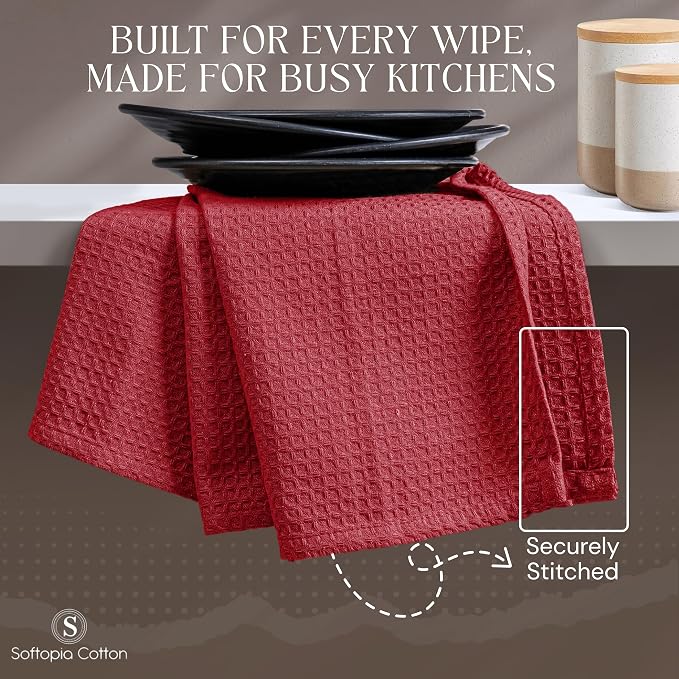 Red Waffle Kitchen Towels, 100% Cotton, Quick Dry, Super Absorbent, Soft, Lint-Free, 16x26 Inches, with Hanging Loop - Ideal for Dish Drying, Bar, Tea, Cleaning & Everyday Use, 4 Pack
