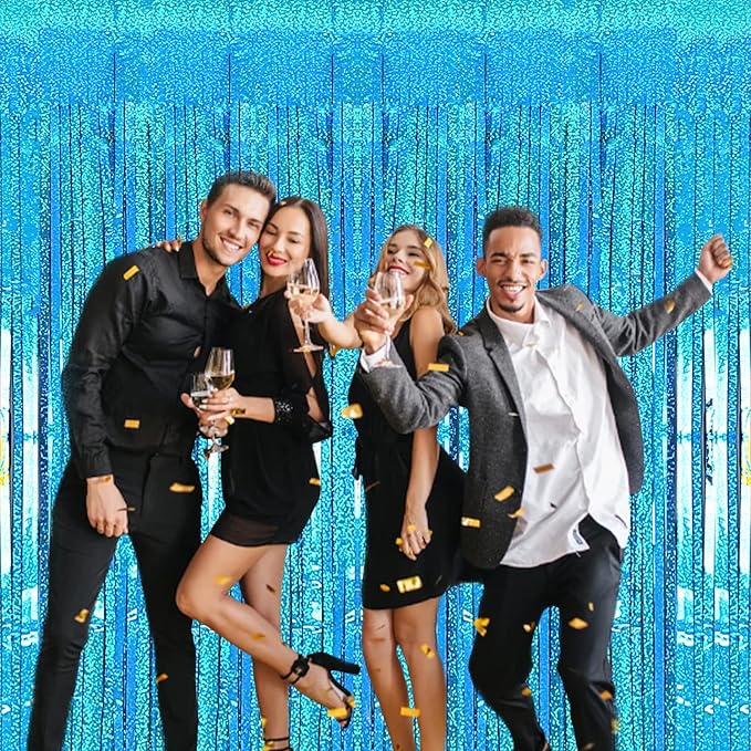2 Pack 3.2ft x 8.2ft Blue Foil Fringe Curtains Photo Backdrop Party Decorations, Metallic Tinsel Foil Fringe Streamer Curtain for Party Door Wall Curtain Bachelorette Christmas New Year Decorations