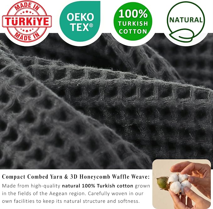 PÜSKÜL 4-Piece Natural 100% Turkish Cotton Luxury Waffle Towels for Bathroom | Premium Honeycomb Weave 2 Hand Towel & 2 Bath Towel Set | Soft Absorbent Quick-Dry Lightweight Towels (anthracithe)