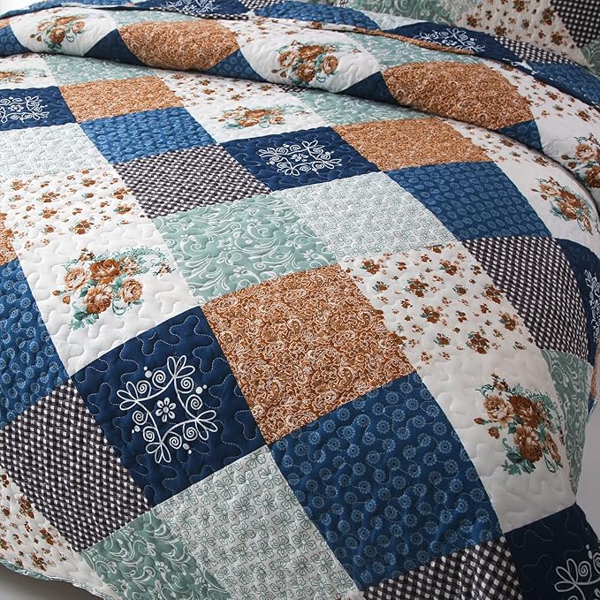 Dinjoy Reversible Patchwork Quilt Bedding Set Full Size Blue Green Grey Plaid Floral Pattern Bedspread Set Soft Microfiber Coverlets Bed Set 3 Pieces Spring Summer Fall Use (78x90 inches)