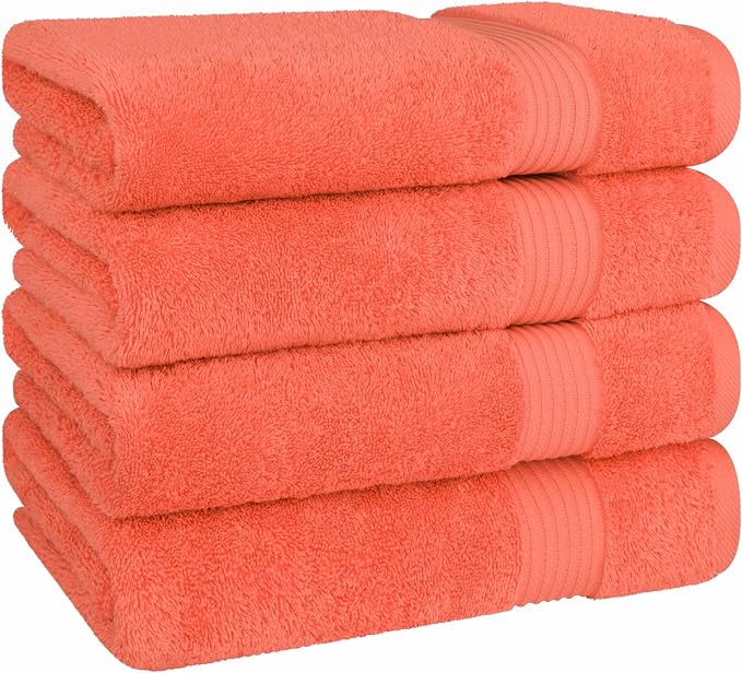 Cotton Paradise 4 Piece Turkish Bath Towels for Bathroom, 100% Cotton Extra Large Soft Plush Towels Bathroom Set, Coral
