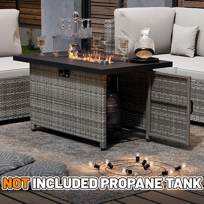 LHBcraft 44 Inch Propane Fire Pit, 50000 BTU Fire Pit Table with Glass Wind Guard and Lid, Gas Fire Pits for Outside Patio and Garden(Grey)