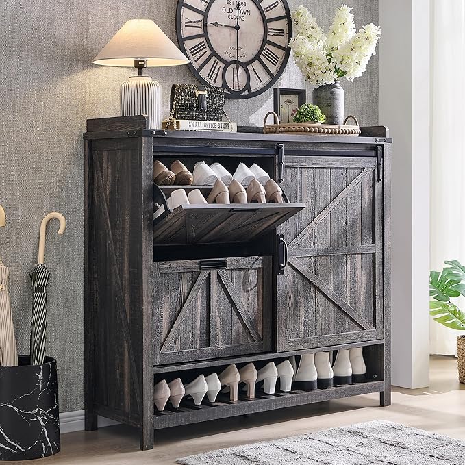 OKD Shoe Storage Cabinet with 2 Flip Drawers & Sliding Door, Farmhouse Entryway Shoe Organizer, Freestanding Rustic Hidden Shoe Rack Cabinet for Entryway, Dark Rustic Oak