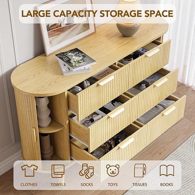 Fluted 6 Drawers Dresser, 55'' Wide Mid Century Modern Chest of Drawers with Sliding Door & Metal Handles, Curved Profile & Sturdy Legs, Wood TV Stand for Bedroom, Living Room (Natural Oak)