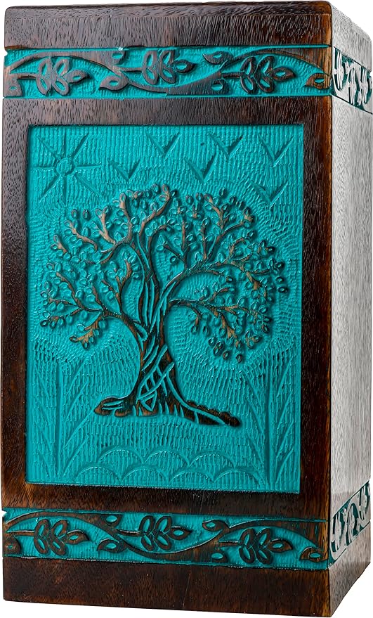 INTAJ Wooden Cremation Urns for Human Ashes - Large 180 lbs, Handcarved Tree of Life Design, Suitable for Men, Women, Mom, Dad - TSA Approved, Decorative Memorial Urn Box, Green