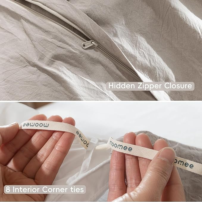 MooMee Bedding Duvet Cover Set 100% Washed Cotton Linen Like Textured Breathable Durable Soft Comfy (Solid Light Tan, Cal King 104"x98")