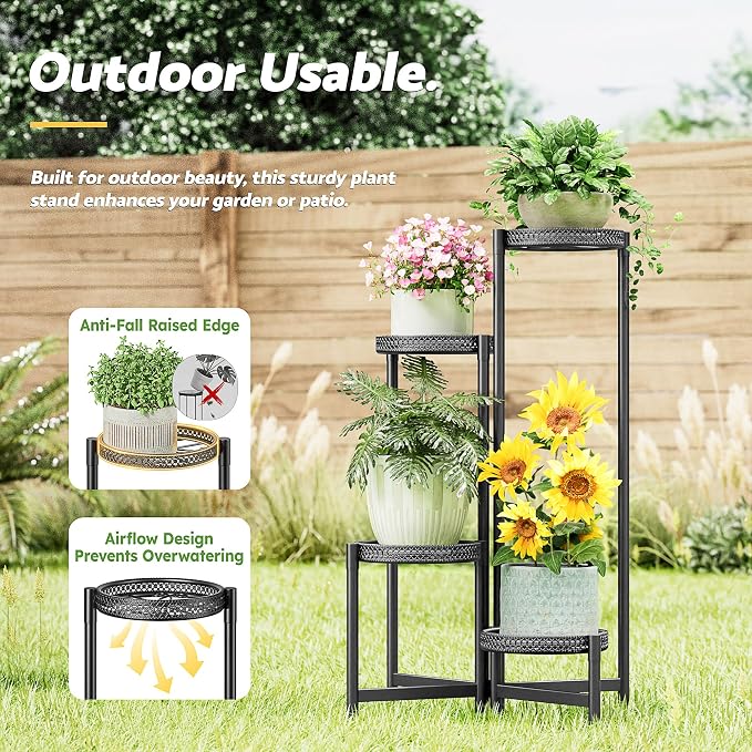 4 Tier Metal Plant Stand Indoor Outdoor, Corner Tall Plant Shelf for Multiple Plants, Foldable Plant Stand Heavy Duty Flower Stand Holder for House Living Room Balcony Garden Patio -BlackS