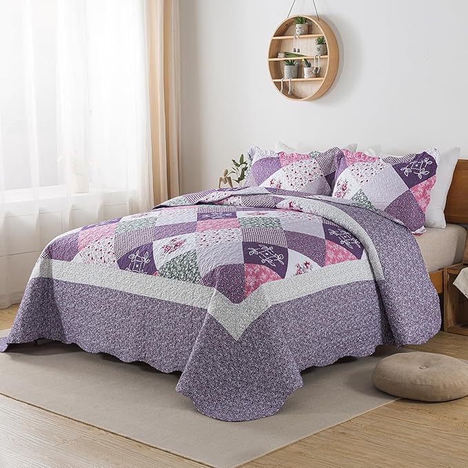 HoneiLife Quilt Sets King Size - 3 Pieces Microfiber Quilt Set Lightweight Bedspreads Reversible Coverlets Retro Bed Cover King Quilt Bedding Set All Season Quilts-Purple