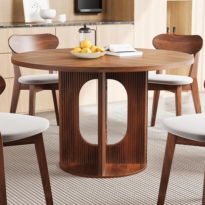 weselon Farmhouse Round Fluted Dining Table for 4, 47 Inch Circle Kitchen Table with Wooden Pedestal Base, Dinner Tables for Home Living Room Kitchen (Walnut)