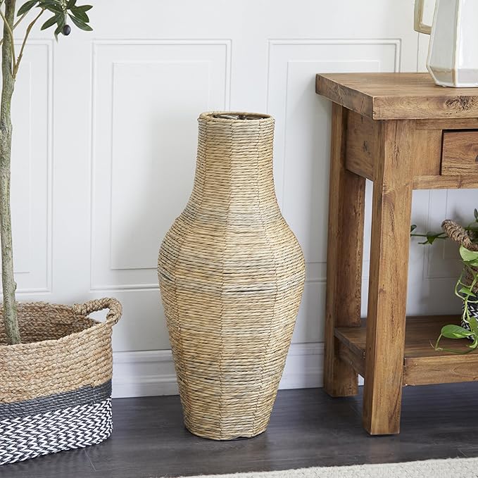 Deco 79 Faux Seagrass Handmade Tall Woven Floor Vase, 12" x 12" x 28", Brown