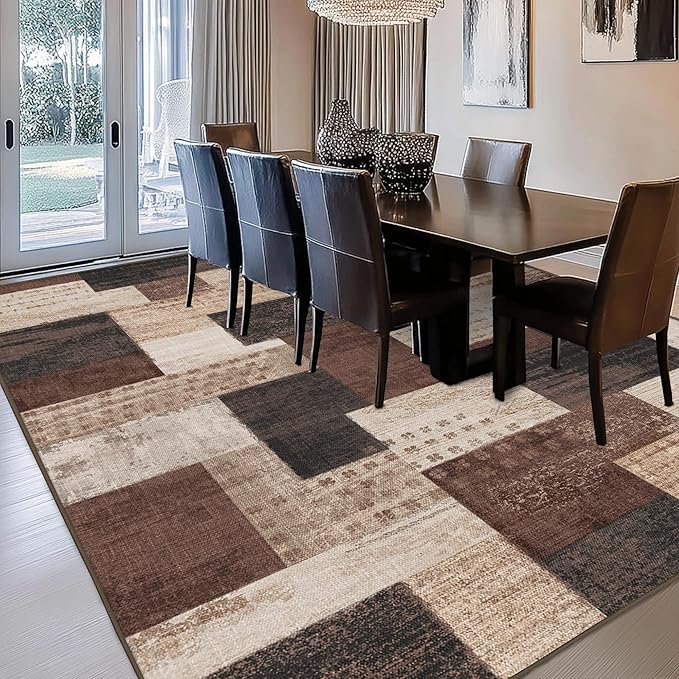 Modern Geometric Patchwork Indoor Area Rug for Living Room, Chocolate 10'x 14' Large Rug Rockwood Collection Hardwood Floors Decor for Bedroom, Brown Throw Carpet for Office Dining Room