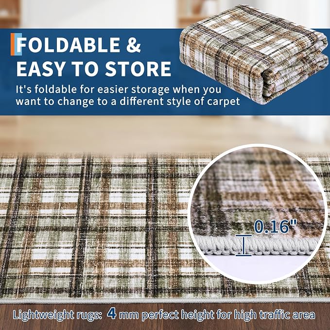 Washable Runners for Hallways 2x6 Rug Modern Bathroom Rugs Non Slip Kitchen Rugs Farmhouse Low Pile Entryway Rug Soft Stain Resistant Carpet for Laundry Hallway Bedside, 2'x6' Celadon&Coffee
