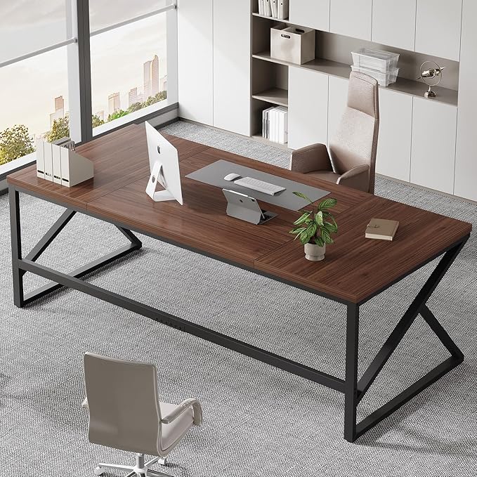 HSH 70 Inch Long Walnut Desk, 2 Person Large Work Desk for Home Office, Rustic Wood and Metal Executive Writing Study Gaming Computer Table, Modern Bedroom Living Room PC Laptop Dual Monitor Table