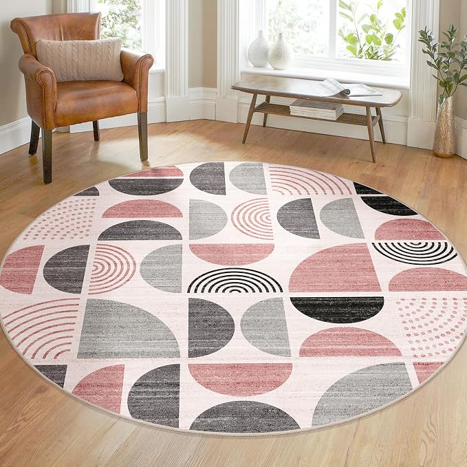 MUJOO Round Rugs 5ft,Circle Area Rug Washable,Circular Rugs for Living Room Dining Room,Boho Non Slip Throw Floor Carpet Modern Abstract Pink and Grey