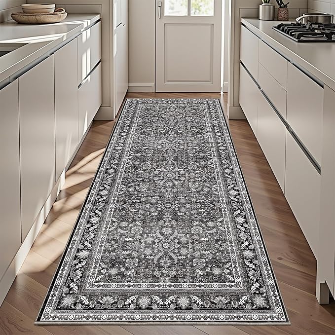 OPPODREAM Vintage Black 3x6 Runner Rug, 3 x 6 Retro Washable Rug Non Slip, Low-Pile Faux Wool Carpet, Distressed Floor Mat for Kitchen, Hallway, Entry-Way, Entrance, Indoor Back Door