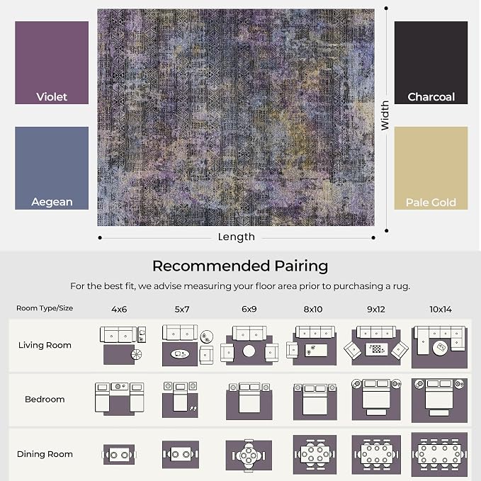 Kokia Abstract Area Rugs Washable Indoor 6x9 Rug Boho Distressed Retro Low Pile Non-Slip Non-Shedding Black Purple Carpet Bedroom Living Room Dining Room, Violet and Slate Blue