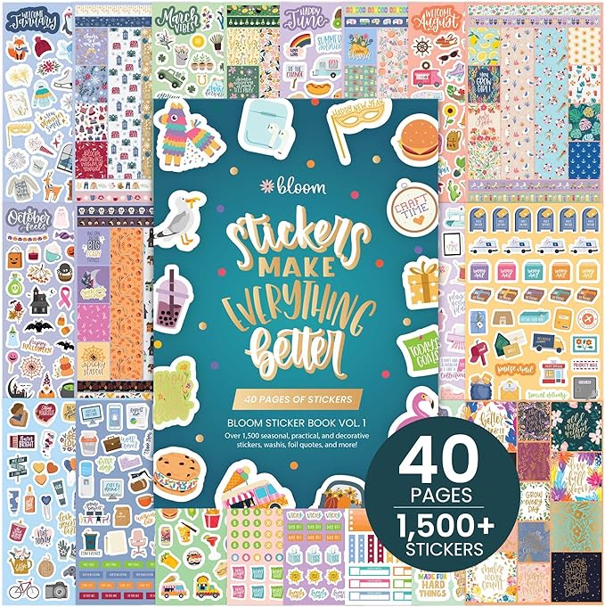 bloom daily planners 40 Page Mega Planner Sticker Pack (1500+ Stickers) - 6” x 9” Bound Ultimate Variety Sticker Book with Foil - Seasons, Celebrations, Holidays, Food, Travel, Quotes & More - Vol. 1