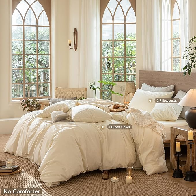 MooMee Wavy Striped Duvet Cover Set 100% Washed Cotton Linen Like Textured Breathable Durable Soft Comfy (Cream White, Super Queen 90"x98")