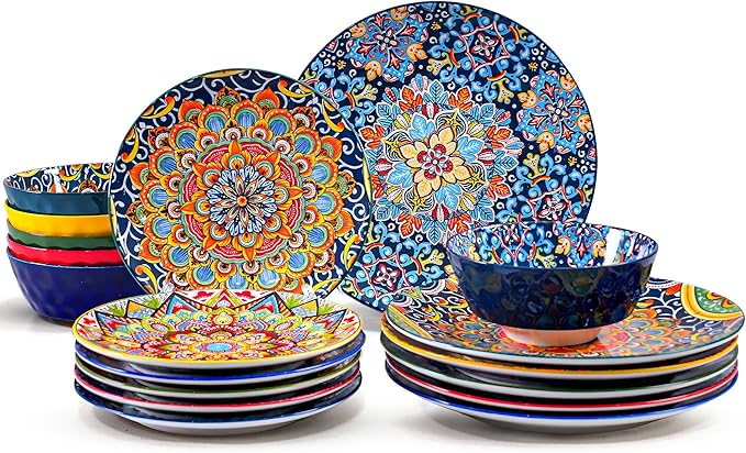 18 Pieces Dinnerware Sets, Porcelain Dishes Set for 6, Microwave and Dishwasher Safe, Scratch Resistant, Bohemian Style Plates and Bowls Set, Service for 6