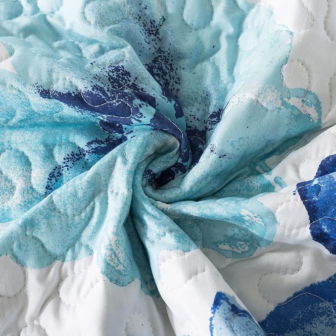 HoneiLife Quilt Sets Queen Size - 3 Piece Microfiber Quilts Reversible Bedspreads Print Coverlets Floral Bedding Set All Season Bedcover- Splash-Ink Painting,Blue & Cyan