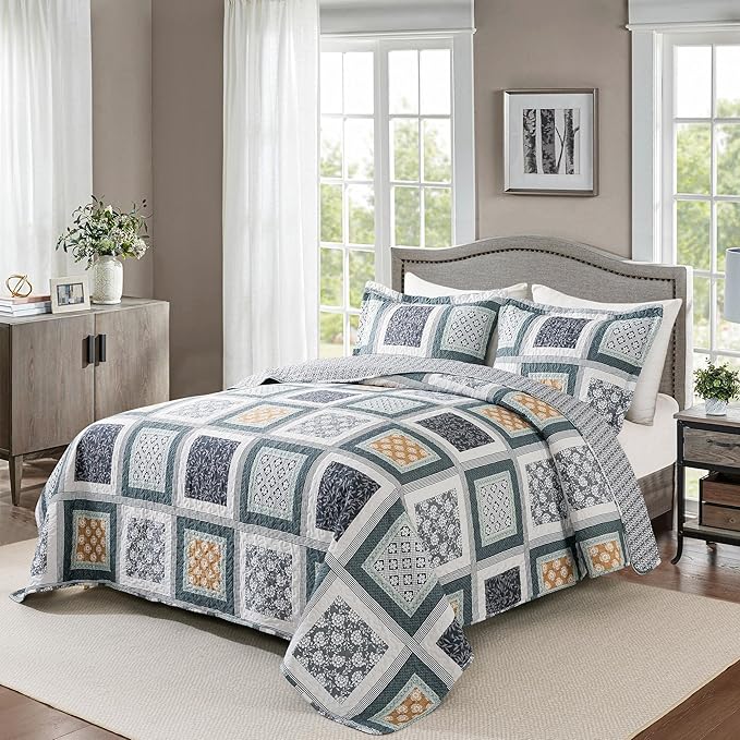 HoneiLife Queen Quilt Bedding Set - 3 Pieces Microfiber Quilt Sets Lightweight Bedspreads Reversible Coverlets Rustic Bed Cover Floral Bedding Set All Season Quilts-Grey