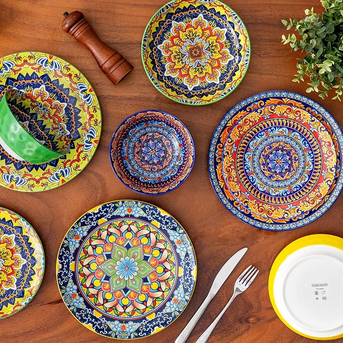 vancasso 16 Pieces Plates and Bowls Set, Bohemian Style Dinnerware Sets Service for 4, Porcelain Boho Dishes Set for Kitchen, Housewaring Gift, Dishwasher and Microwave Safe, Series KRVI