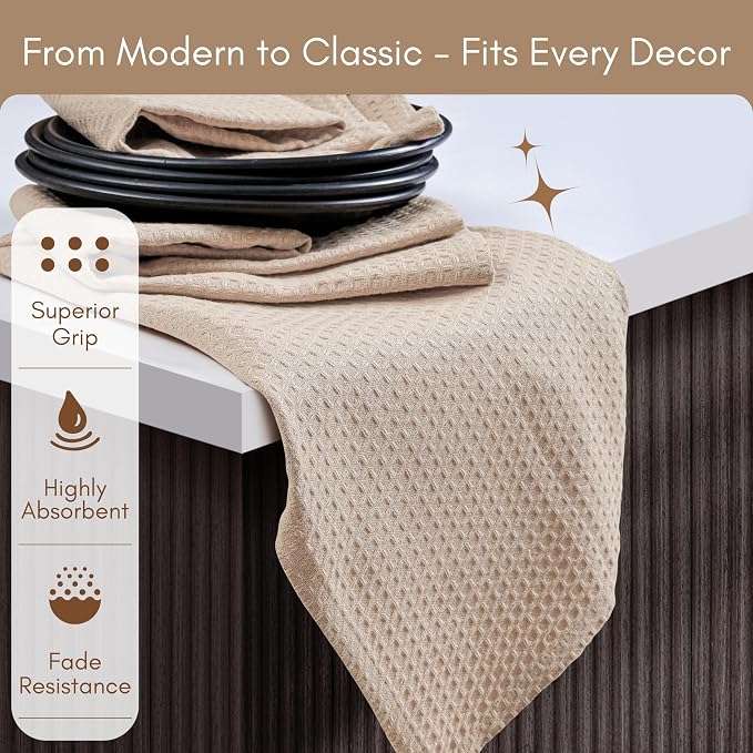 TWINY threads Waffle Kitchen Towel Pack of 4, 16x26 Inches, Premium 100% Cotton Kitchen Linen Set, Absorbent Dish Cloths for Cleaning and Drying, Machine Washable, Durable, Quick Dry, Beige