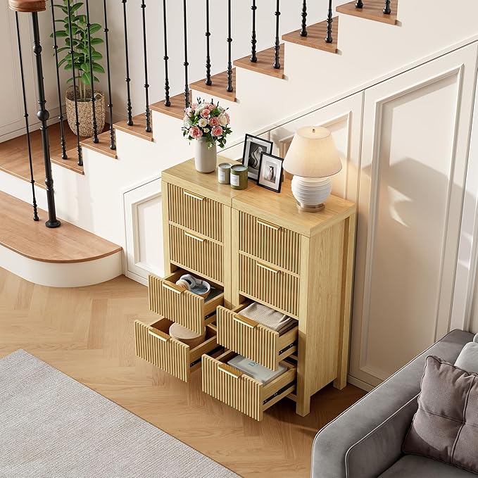 Modern 8-Drawer Solid Wood Dresser with Fluted Front & Gold Handles, Multifunctional Tall Storage Chest, for Hallway, Entryway, Natural X2