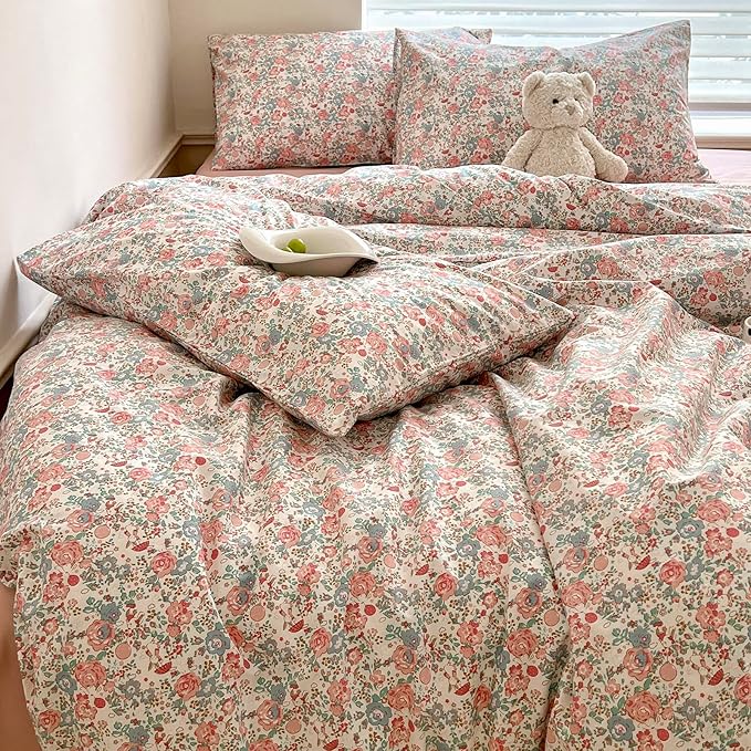 LIFETB Pink Floral Comforter Set Full Cute Girl Floral Bedding Comforter Set for Full Size Bed Chic Garden Style Flower Comforter with 2 Pillowcases Vintage Botanical Bedding Comforter Set All Season