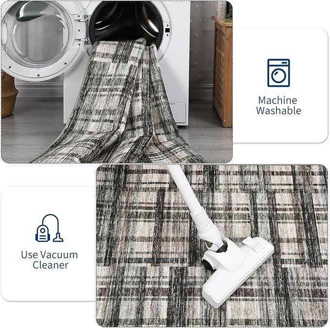 Washable Rugs 9 x 12 Rug for Living Room Plaid Area Rug Non Slip Large Area Rug Soft Non Shedding Throw Rugs Gingham Stain Resistant Carpet for Bedroom Office Dining Room Green/Brown 9'x12'