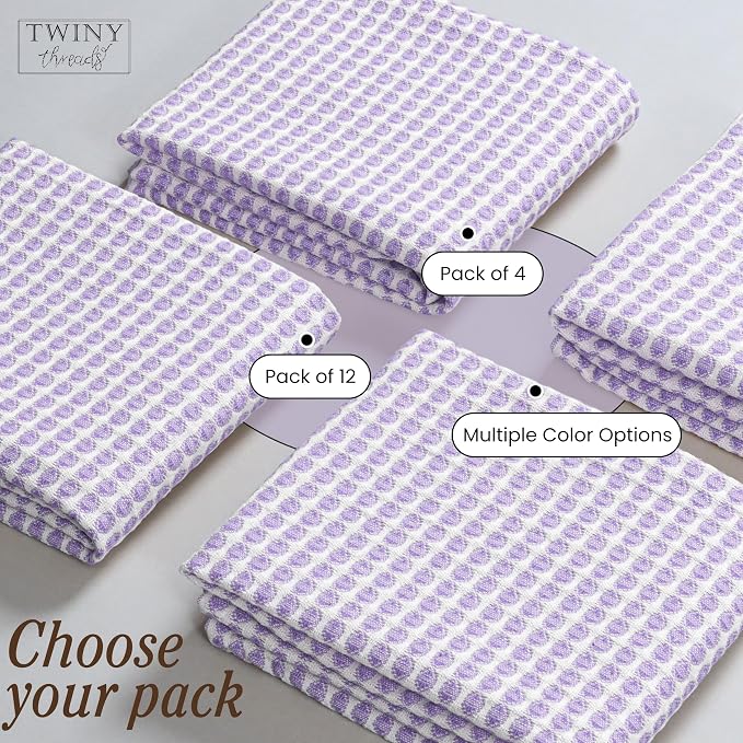 TWINY threads Circle Waffle Kitchen Dish Towels 16x26 Inch, 100% Cotton, Set of 4, Soft, Absorbent, Heavy Duty, Decorative Dishcloth Set, Suitable for Spring Decor, Gifting, Drying Dishes, Lavender