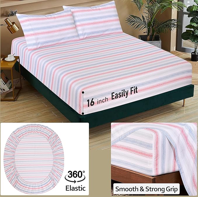 RUVANTI 100% Cotton Twin XL Sheet Sets, 3 Pieces, Soft & Breathable Percale Weave Bedding, Deep Pocket 16", Hotel Standard, Crisp Cool Feel, Durable, Perfect Size Striped Sheets, Times