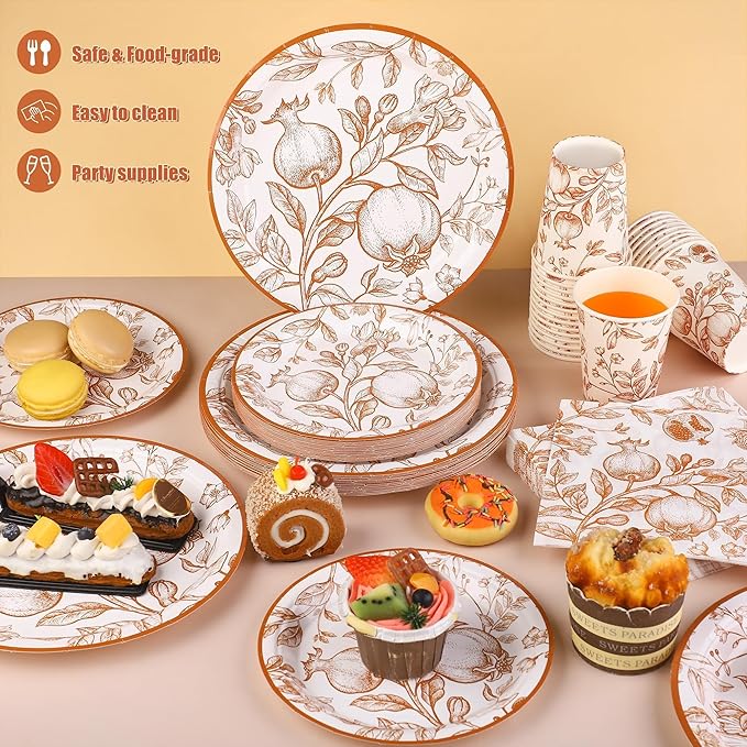 96 Pieces Fall Disposable Pomegranate Paper Plates Thanksgiving Vintage Floral Party Supplies Orange Floral Tableware Set Includes Paper Plates Cups Napkins Serve 24 for Wedding Baby Shower