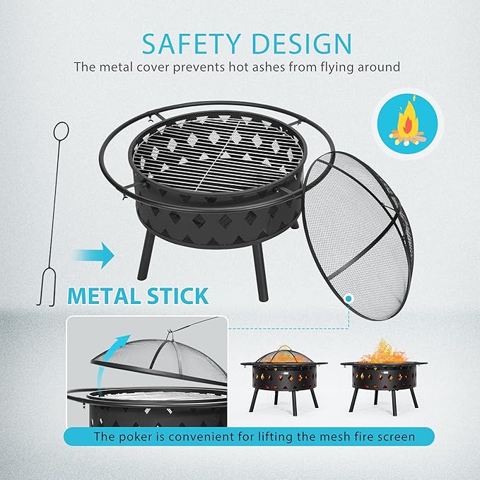 VIVOHOME 2 in 1 Outdoor Fire Pit - 36 Inch Large Bonfire Wood Burning Outside Firepit for Patio and Backyard with Spark Screen, Round Grill Grid, Poker and Fireplace Cover