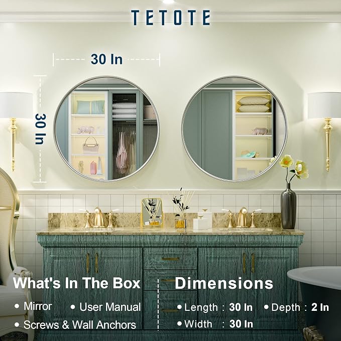 TETOTE Silver Round Mirror for Bathroom, 30 Inch Modern Circle Mirrors, Wall Mounted Brushed Silver Metal Framed Entryway Decorative Farmhouse Vanity Mirror