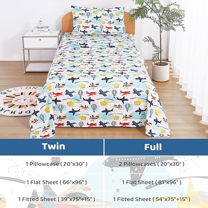 Viviland 3 Pieces Boys Plane Twin Sheet Set - Soft Microfiber Fitted Flat Sheets & Pillowcase - Hot Air Balloon Print Bedding Sets - for Kids & Toddlers