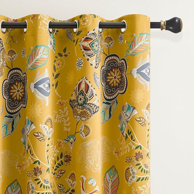 XiDi Mustard Yellow Patterned Blackout Curtains 84 Inches Long Vintage Floral Curtains for Bedroom Living Room 2 Panels Thermal Insulated Grommet Top Luxury Mid Century Colorful Drapes 52x84