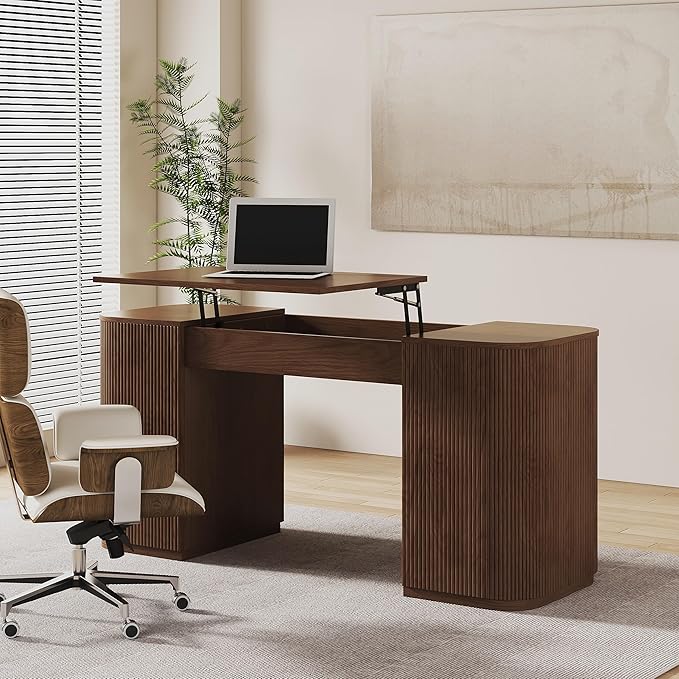 homary 59.8" Modern Standing Desk, Home Office Desk Engineered Wood Office Desk with Lift-Top & Ample Storage for Office, Study, Walnut