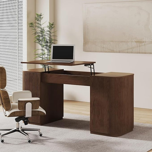 homary 59.8" Modern Standing Desk, Home Office Desk Engineered Wood Office Desk with Lift-Top & Ample Storage for Office, Study, Walnut