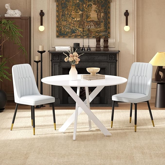 RGZ Mid Century White Round Dining Table Set for 2, 36" Small Wooden Circle Kitchen Table & 2 Light Gray PU Leather Kitchen Chairs, Dinner Table Set for Home, Apartment, Dining Room
