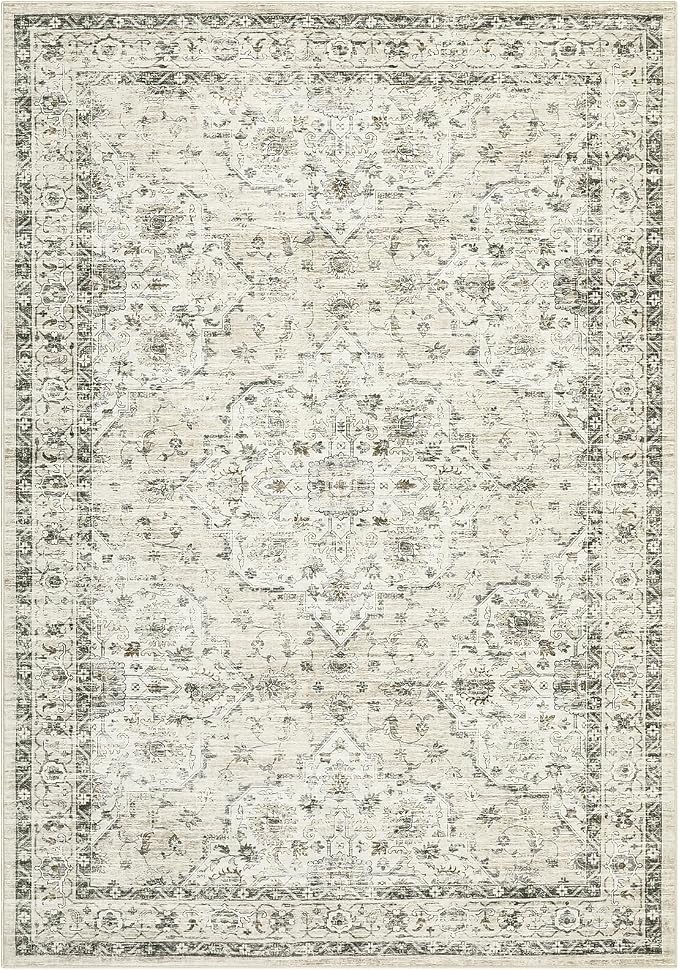 Washable 5x7 Area Rug Boho Vintage Soft Living Room Rug Non-Slip Dining Room Floor Carpet Low Pile Non Shedding Boho Accent Rug Oriental Indoor Carpet for Bedroom Home Decor Office, Beige