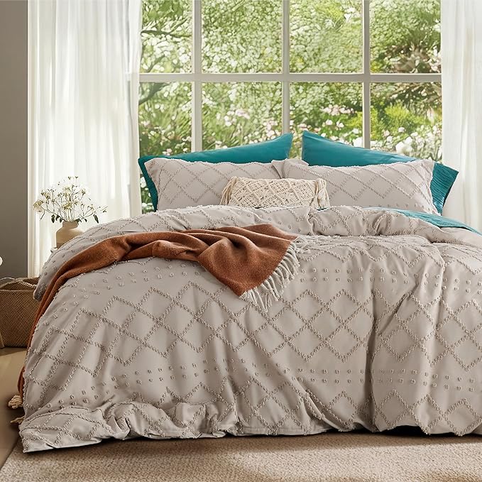 Bedsure Boho Duvet Cover Queen Size - Linen Breathable & Soft Boho Bedding, Machine Washable Comforter Cover for All Seasons, Includes 1 Duvet Cover 90"x90" with 2 Pillow Shams & Zipper Closure