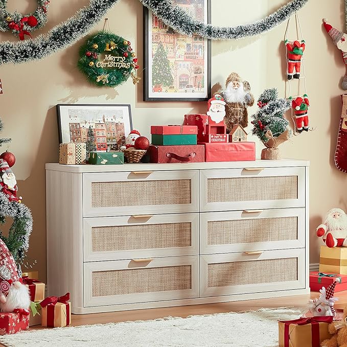 LEYAOYAO Rattan 6 Drawer Dresser for Bedroom Set of 2, Boho 54" Wide White Dresser Chest of Drawers, Dressers TV Stand with Metal Handle, Storage Dressers Closet Organizer for Living Room, Hallway